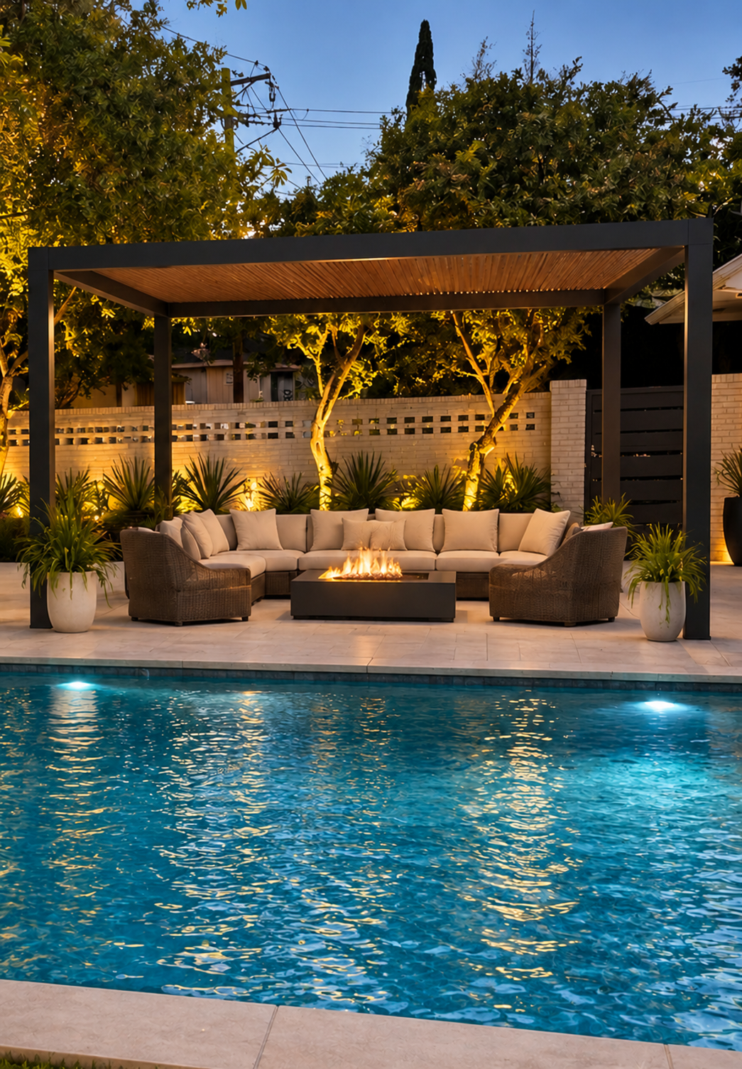 Illuminated pergola and outdoor seating beside a swimming pool, Inked Luxury project